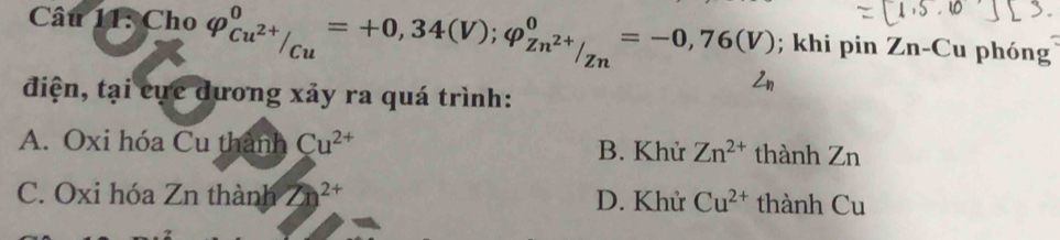 Cho varphi _Cu^(2+)/_(Cu)^0^0=+0,34(V); varphi _Zn^(2+)/_Zn^0=-0,76(V); khi pin Zn-Cu phóng
điện, tại cực dương xảy ra quá trình:
A. Oxi hóa Cu thành Cu^(2+) B. Khử Zn^(2+) thành Zn
C. Oxi hóa Zn thành Zn^(2+) D. Khử Cu^(2+) thành Cu