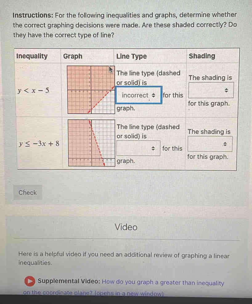 Instructions: For the following inequalities and graphs, determine whether
the correct graphing decisions were made. Are these shaded correctly? Do
they have the correct type of line?
Check
Video
Here is a helpful video if you need an additional review of graphing a linear
inequalities.
Supplemental Video: How do you graph a greater than inequality
on the coordinate plane? (opehs in a new window)