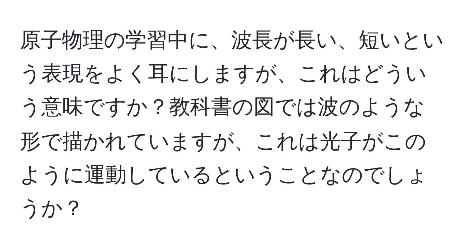 原子物理の学習中に、波長が長い、短いという表現をよく耳にしますが、これはどういう意味ですか？教科書の図では波のような形で描かれていますが、これは光子がこのように運動しているということなのでしょうか？