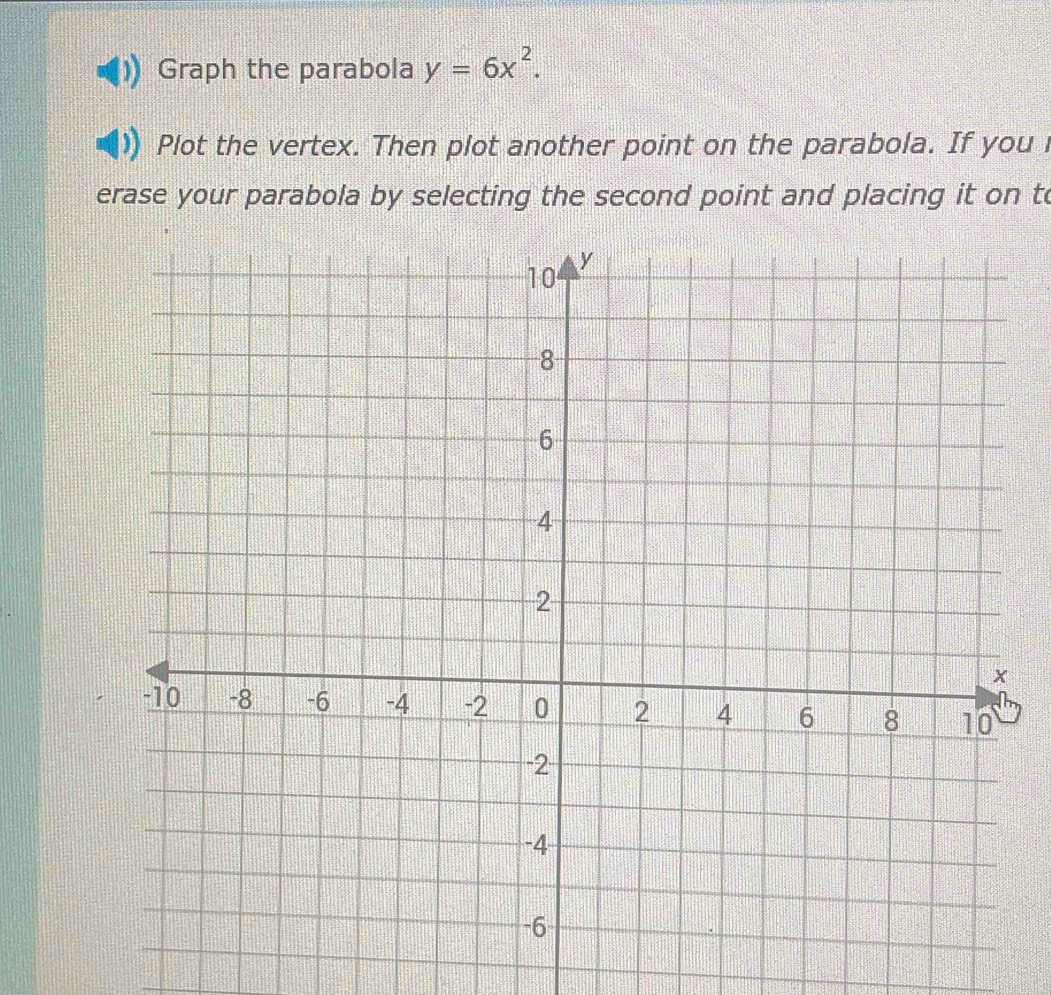 Graph the parabola y=6x^2. 
Plot the vertex. Then plot another point on the parabola. If you i 
erase your parabola by selecting the second point and placing it on to