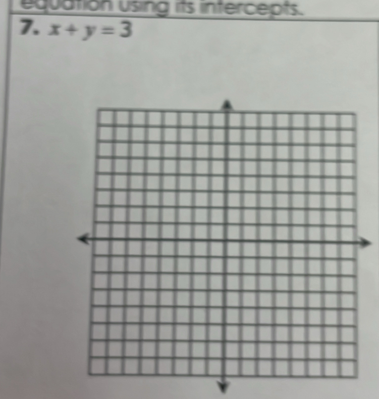 equation using its intercepts. 
7. x+y=3