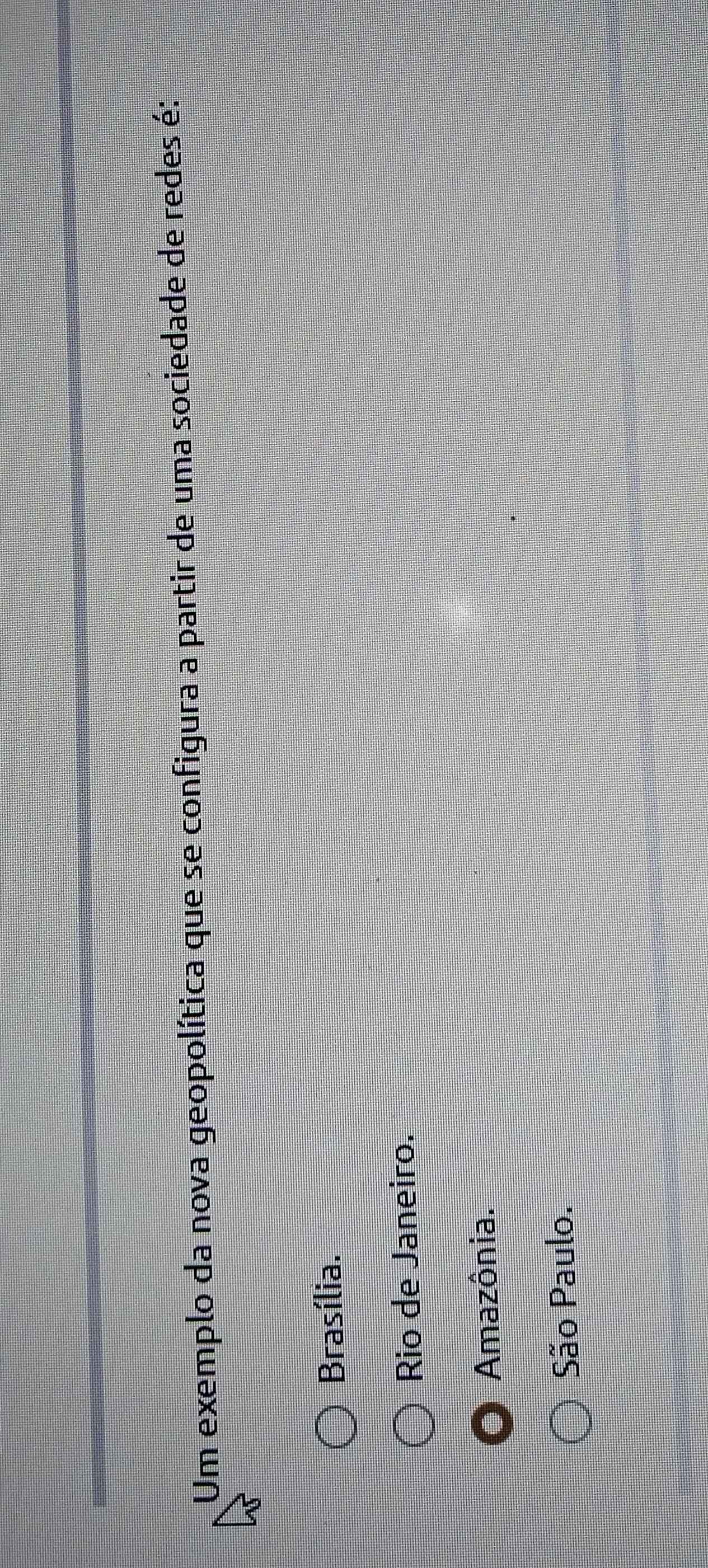 Um exemplo da nova geopolítica que se configura a partir de uma sociedade de redes é:
Brasília.
Rio de Janeiro.
Amazônia.
São Paulo.