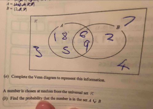 A=
B= 2,beta ,xi
(a) Complete the Venn diagram to represent this information. 
A number is chosen at random from the universal set ? 
(b) Find the probability that the number is in the set A C B