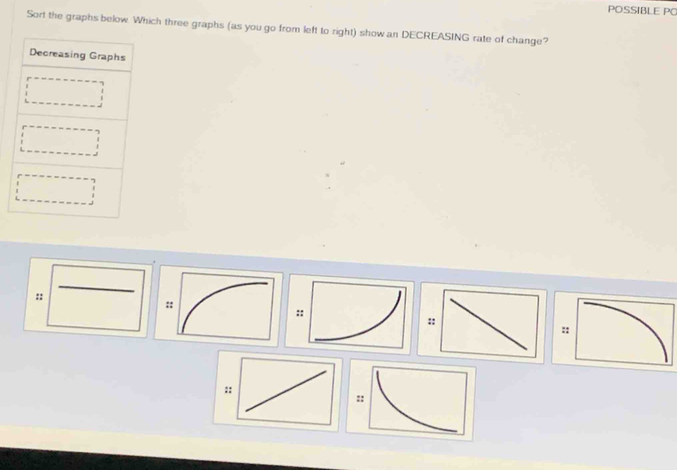 POSSIBLE PO 
Sort the graphs below. Which three graphs (as you go from left to right) show an DECREASING rate of change? 
:: 
:: 
::