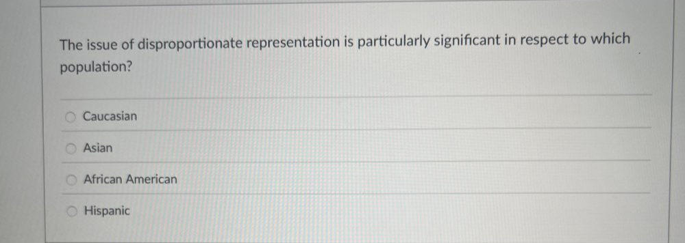 The issue of disproportionate representation is particularly significant in respect to which
population?
Caucasian
Asian
African American
Hispanic