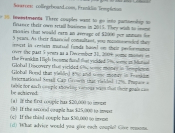 Sources: collegeboard.com, Franklin Templetiom 
35. Investments Three couples want to go inno purtnemihip to 
finance their own retail business in 2015. They wish to inuest 
monies that would earn an average of $2000 per amnum for
5 years. As their financial consultant, you recommended they 
invest in certain mutual funds based on their performance 
over the past 5 years as a December 31, 2009: some money in 
the Franklin High Income fund that yielded 5%, some in Muttual 
Global Discovery that yielded 6%; some momey in Templetm 
Global Bond that yielded 8%; and some momes in Frankiim 
International Small Cap Growth that vielided 12%. Pregane a 
table for each couple showing various ways that their goals cam 
be achieved: 
(a) If the first couple has $20,000 to invest 
(b) If the second couple has $25,000 to invest 
(c) If the third couple has $30,000 to invest 
(d) What advice would you give each couple? Give reasoms.