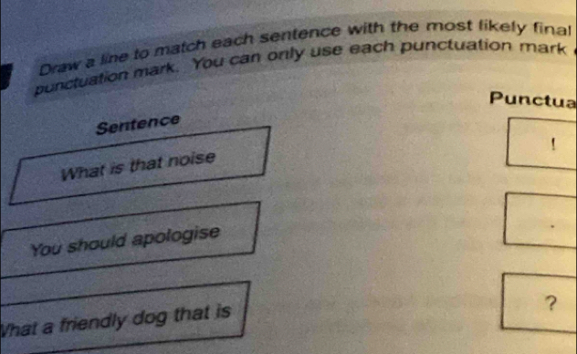 Draw a line to match each sentence with the most likely final 
punctuation mark. You can only use each punctuation mark 
Punctua 
Sentence 
! 
What is that noise 
You should apologise 
What a friendly dog that is 
?