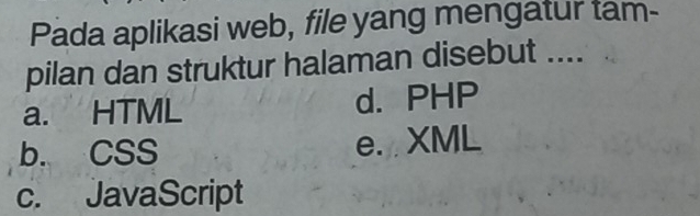 Pada aplikasi web, file yang mengatur tam-
pilan dan struktur halaman disebut ....
a. HTML d. PHP
b. CSS e. XML
c. JavaScript