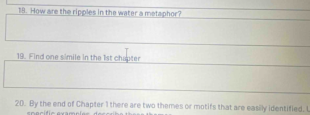 How are the ripples in the water a metaphor? 
19. Find one simile in the 1st chapter 
20. By the end of Chapter 1 there are two themes or motifs that are easily identified. L