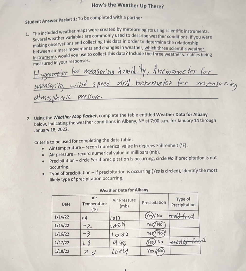 How’s the Weather Up There? Student Answer Packet 1: To be completed ...