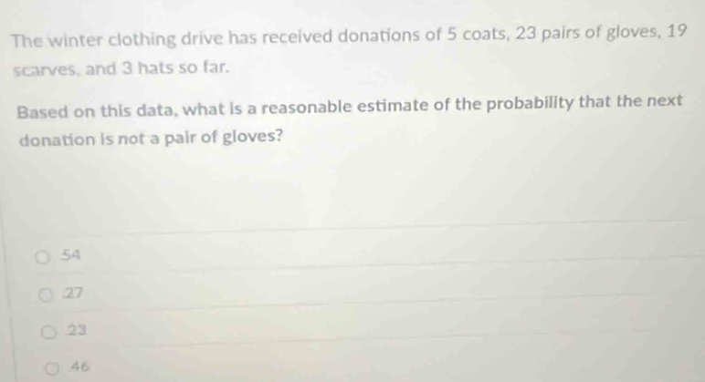 The winter clothing drive has received donations of 5 coats, 23 pairs of gloves, 19
scarves, and 3 hats so far.
Based on this data, what is a reasonable estimate of the probability that the next
donation is not a pair of gloves?. 54
27
23
46