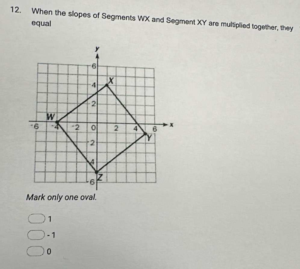 When the slopes of Segments WX and Segment XY are multiplied together, they
equal
Mark only one oval.
1
- 1
0