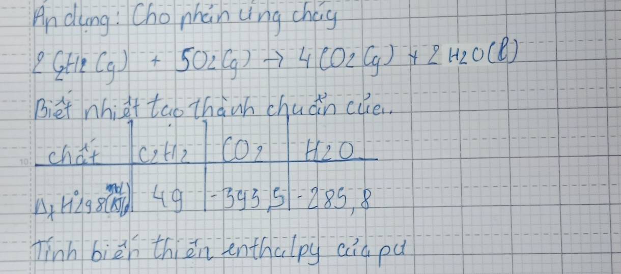 Andlong! Cho nhàn uing chag
(_2(g)+5O2(g)+5O_2(g)to 4CO_2(g)+2H_2O(l)
Biet nhiet tao thành chuán cue.. 
chat c2th2 H2O 
A, Hg 49 -393 51 - 285, 8
finh bièh thēn enthalpy cia pu