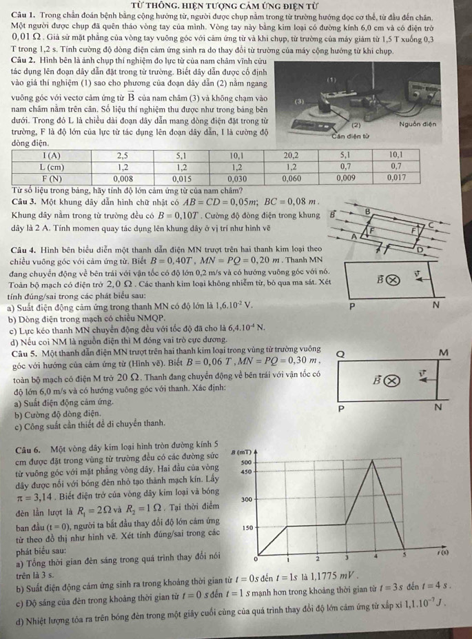 từ thông. hiện tượng cảm ứng điện từ
Câu 1. Trong chần đoán bệnh bằng cộng hướng từ, người được chụp nằm trong từ trường hướng dọc cơ thể, từ đầu đến chân.
Một người được chụp đã quên tháo vòng tay của mình. Vòng tay này bằng kim loại có đường kính 6,0 cm và có điện trở
0,01 Ω . Giả sử mặt phẳng của vòng tay vuông góc với cảm ứng từ và khi chụp, từ trường của máy giám từ 1,5 T xuống 0,3
T trong 1,2 s. Tính cường độ dòng điện cảm ứng sinh ra do thay đổi từ trường của máy cộng hướng từ khi chụp.
Câu 2. Hình bên là ảnh chụp thí nghiệm đo lực từ của nam châm vĩnh cử
tác dụng lên đoạn dây dẫn đặt trong từ trường. Biết dây dẫn được cố địn
vào giá thí nghiệm (1) sao cho phương của đoạn dây dẫn (2) nằm ngan
vuông góc với vectơ cảm ứng từ vector B của nam châm (3) và không chạm và
nam châm nằm trên cân. Số liệu thí nghiệm thu được như trong bảng bê
dưới. Trong đó L là chiều dài đoạn dây dẫn mang dòng điện đặt trong 
trường, F là độ lớn của lực từ tác dụng lên đoạn dây dẫn, I là cường đ
 
Câu 3. Một khung dây dẫn hình chữ nhật có AB=CD=0,05m;BC=0,08m.
Khung dây nằm trong từ trường đều có B=0,10T. Cường độ đòng điện trong khung B B
dây là 2 A. Tính momen quay tác dụng lên khung dây ở vị trí như hình vẽ F C
F
A
Câu 4. Hình bên biểu diễn một thanh dẫn điện MN trượt trên hai thanh kim loại theo 7 D
chiều vuông góc với cảm ứng từ. Biết B=0,40T,MN=PQ=0,20m. Thanh MN
đang chuyển động về bên trái với vận tốc có độ lớn 0,2 m/s và có hướng vuông góc với nó. -4
Toàn bộ mạch có điện trở 2,0 Ω. Các thanh kim loại không nhiễm từ, bỏ qua ma sát. Xét B
tính đúng/sai trong các phát biểu sau:
a) Suất điện động cảm ứng trong thanh MN có độ lớn là 1,6.10^(-2)V. P N
b) Dòng điện trong mạch có chiều NMQP.
c) Lực kéo thanh MN chuyển động đều với tốc độ đã cho là 6,4.10^(-4)N.
d) Nếu coi NM là nguồn điện thì M đóng vai trò cực dương.
Câu 5. Một thanh dẫn điện MN trượt trên hai thanh kim loại trong vùng từ trường vuông
góc với hướng của cảm ứng từ (Hình vẽ). Biết B=0,06T,MN=PQ=0,30m.
toàn bộ mạch có điện M trở 20 Ω. Thanh đang chuyển động về bên trái với vận tốc có
độ lớn 6,0 m/s và có hướng vuông góc với thanh. Xác định:
a) Suất điện động cảm ứng.
b) Cường độ dòng điện.
c) Công suất cần thiết đề di chuyển thanh.
Câu 6. Một vòng dây kim loại hình tròn đường kính
em được đặt trong vùng từ trường đều có các đường s
từ vuông góc với mặt phẳng vòng dây. Hai đầu của vò
dây được nối với bóng đèn nhỏ tạo thành mạch kín. L
π =3,14. Biết điện trở của vòng dây kim loại và bó
dèn lần lượt là R_1=2Omega và R_2=1Omega Tại thời điể
ban đầu (t=0) , người ta bắt đầu thay đổi độ lớn cám ứ
từ theo đồ thị như hình vẽ. Xét tính đúng/sai trong c
phát biểu sau:
a) Tổng thời gian đèn sáng trong quá trình thay đổi 
trên là 3 s.
b) Suất điện động cảm ứng sinh ra trong khoảng thời gian từ t=0s đến t=1s là l,1775 mV .
c) Độ sáng của đèn trong khoảng thời gian từ t=0 s đến t=1 S mạnh hơn trong khoảng thời gian từ t=3s đến t=4s.
d) Nhiệt lượng tỏa ra trên bóng đèn trong một giãy cuối cùng của quá trình thay đổi độ lớn cảm ứng từ xấp xỉ 1,1.10^(-7)J.