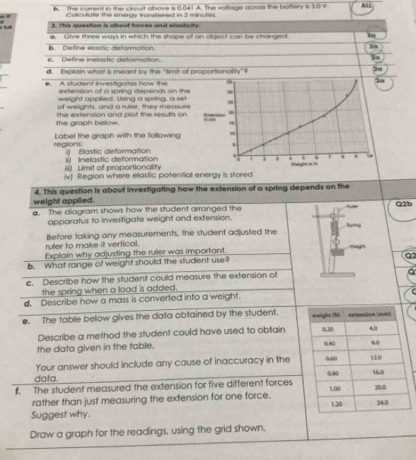 The current in the circult above is 0.041 A. The voltage across the battery is 3.0 V. AlL 
Colculate the energy transferred in 2 minutes. 
t full 3. This question is about forces and elasticity. 
a, Give three ways in which the shape of an object can be changed. 20 
b. Define elastic deformation. 
20 
e. Define inelastic deformation 
2a 
d. Explain what is meant by the “limit of proportionality”? 
2σ 
e. A student investigates how the 
extension of a spring depends on the 
weight applied. Using a spring, a set 
of weights, and a ruler, they measure 
the extension and plot the results on 
the graph below. 
Label the graph with the following 
regions: 
i) Elastic deformation 
ii) Inelastic deformation 
iii) Limit of proportionality 
iv) Region where ellastic potential energy is stored 
4. This question is about investigating how the extension of a spring depends on the 
weight applied. 
a. The diagram shows how the student arranged the Roder Q2b 
apparatus to investigate weight and extension. 
Bgring 
Before taking any measurements, the student adjusted the 
ruler to make it vertical. 
Explain why adjusting the ruler was important. Weight 
Q2 
b. What range of weight should the student use? 
c. Describe how the student could measure the extension of 
the spring when a load is added. 
d. Describe how a mass is converted into a weight. 
e. The table below gives the data obtained by the student. 
Describe a method the student could have used to obtain 
the data given in the table. 
Your answer should include any cause of inaccuracy in the 
data. 
f. The student measured the extension for five different forces 
rather than just measuring the extension for one force. 
Suggest why. 
Draw a graph for the readings, using the grid shown.
