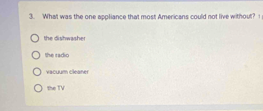 What was the one appliance that most Americans could not live without? 1
the dishwasher
the radio
vacuum cleaner
the TV