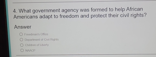 What government agency was formed to help African
Americans adapt to freedom and protect their civil rights?
Answer
Freedman's Office
Department of Civil Rights
Children of Liberty
NAACP