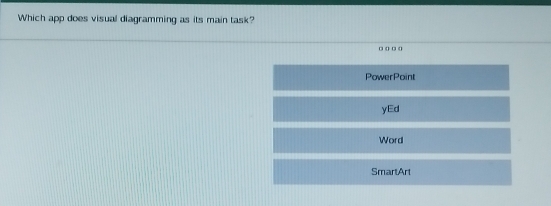 Which app does visual diagramming as its main task? 
. 
PowerPoint 
yEd 
Word 
SmartArt