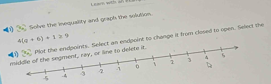 Learn with an exal 
Solve the inequality and graph the solution.
4(q+6)+1≥ 9 Select an endpoint to change it from closed to open. Select the