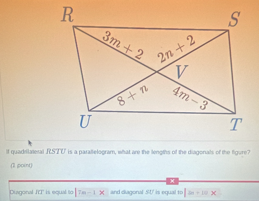 Solved: If quadrilateral RSTU is a parallelogram, what are the lengths ...