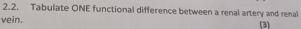 Tabulate ONE functional difference between a renal artery and renal 
vein. 
(3)