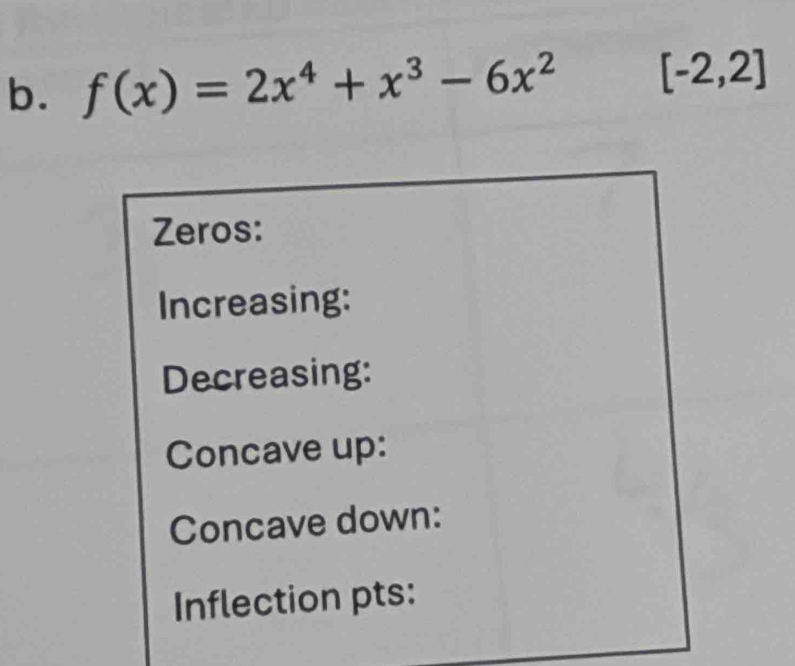 f(x)=2x^4+x^3-6x^2 [-2,2]