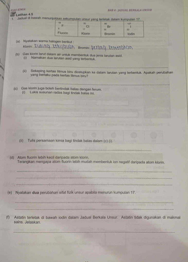 ASAS KIMIA BAB 4 : JADUAL BERKALA UNSUR 
Latihan 4.5
1 Jadual di bawah menunjukkan sekumpulan unsur yang terletak dalam kumpulan 17. 
(a) Nyatakan warna halogen berikut : 
Klorin: _Bromin;_ 
(b) Gas klorin larut dalam air untuk membentuk dua jenis larutan asid. 
(i) Namakan dua larutan asid yang terbentuk. 
B 
_ 
(ii) Sekeping kertas litmus biru dicelupkan ke dalam larutan yang terbentuk. Apakah perubahan 
yang berlaku pada kertas litmus biru? 
_ 
(c) Gas klorin juga boleh bertindak balas dengan ferum. 
(i) Lukis susunan radas bagi tindak balas ini. 
(ii) Tulis persamaan kimia bagi tindak balas dalam (c) (i). 
_ 
(d) Atom fluorin lebih kecil daripada atom klorin. 
Terangkan mengapa atom fluorin lebih mudah membentuk ion negatif daripada atom klorin. 
_ 
_ 
_ 
(e) Nyatakan dua perubahan sifat fizik unsur apabila menurun kumpulan 17. 
_ 
_ 
(f) Astatin terletak di bawah iodin dalam Jadual Berkala Unsur. Astatin tidak digunakan di makmal 
sains. Jelaskan. 
_