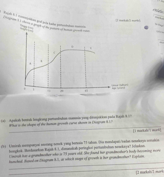 ? m. 
pelabal 
* markah 
[2 markah/2 marks] 
1a bagi 
Diagram 8.1 show 
Rajah 8.1 menunjukkan graf polma 
form 
(a) Apakah bentuk lengkung pertumbuhan manusia yang ditunjukkan pada Rajah 8.1? 
_ 
_ 
What is the shape of the human growth curve shown in Diagram 8.1? 
[1 markah/1 mɑrk] 
(b) Umirah mempunyai seorang nenek yang berusia 75 tahun. Dia mendapati badan neneknya semakin 
bongkok. Berdasarkan Rajah 8.1, dimanakah peringkat pertumbuhan neneknya? Jelaskan. 
Umirah has a grandmother who is 75 years old. She found her grandmother's body becoming more 
_ 
hunched. Based on Diagram 8.1, at which stage of growth is her grandmother? Explain. 
_ 
[2 markah/2 mark