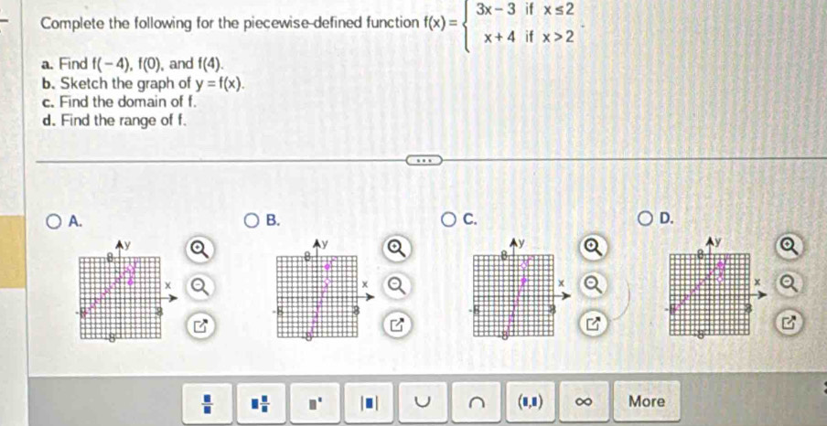 Complete the following for the piecewise defined function f(x)=beginarrayl 3x-3ifx≤ 2 x+4ifx>2endarray.
a. Find f(-4), f(0) , and f(4). 
b. Sketch the graph of y=f(x). 
c. Find the domain of f. 
d. Find the range of f. 
A. 
B. 
C. 
D. 
Ay
y
y
y
B
x
x
8
8
-B 8 9
B
8
 □ /□   □  □ /□   □° ^ (0,1) ∞ More