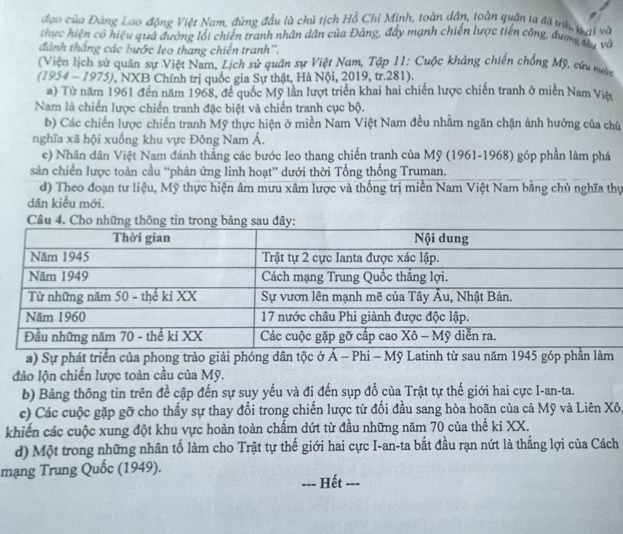 đạo của Đàng Lao động Việt Nam, đứng đầu là chủ tịch Hồ Chí Minh, toàn dân, toàn quân ta đã th mai và
thực hiện có hiệu quả đường lối chiến tranh nhân dân của Đảng, đầy mạnh chiến lược tiến công, dươn đu và
dánh thắng các bước leo thang chiến tranh''.
(Viện lịch sử quân sự Việt Nam, Lịch sử quân sự Việt Nam, Tập 11: Cuộc kháng chiến chống Mỹ, cứu nưc
(1954-1975 (), NXB Chính trị quốc gia Sự thật, Hà Nội, 2019, tr.281).
) Từ năm 1961 đến năm 1968, để quốc Mỹ lần lượt triển khai hai chiến lược chiến tranh ở miền Nam Việt
Nam là chiến lược chiến tranh đặc biệt và chiến tranh cục bộ.
b) Các chiến lược chiến tranh Mỹ thực hiện ở miền Nam Việt Nam đều nhằm ngăn chặn ảnh hưởng của chủ
nghĩa xã hội xuống khu vực Đông Nam Á.
c) Nhân dân Việt Nam đánh thắng các bước leo thang chiến tranh của Mỹ (1961-1968) góp phần làm phá
sản chiến lược toàn cầu “phản ứng linh hoạt” dưới thời Tổng thống Truman.
d) Theo đoạn tư liệu, Mỹ thực hiện âm mưu xâm lược và thống trị miền Nam Việt Nam bằng chủ nghĩa thự
dân kiều mới.
Câu 4. Cho
a) Sự phát triển của phong trào giải phóng dân tộc ở Á - Phi - Mỹ Latinh từ sau năm 1945 góp phần làm
đảo lộn chiến lược toàn cầu của Mỹ.
b) Bảng thông tin trên đề cập đến sự suy yếu và đi đến sụp đổ của Trật tự thế giới hai cực I-an-ta.
c) Các cuộc gặp gỡ cho thấy sự thay đổi trong chiến lược từ đối đầu sang hòa hoãn của cả Mỹ và Liên Xô,
khiến các cuộc xung đột khu vực hoàn toàn chấm dứt từ đầu những năm 70 của thế ki XX.
d) Một trong những nhân tố làm cho Trật tự thế giới hai cực I-an-ta bắt đầu rạn nứt là thắng lợi của Cách
mạng Trung Quốc (1949).
--- Hết ---