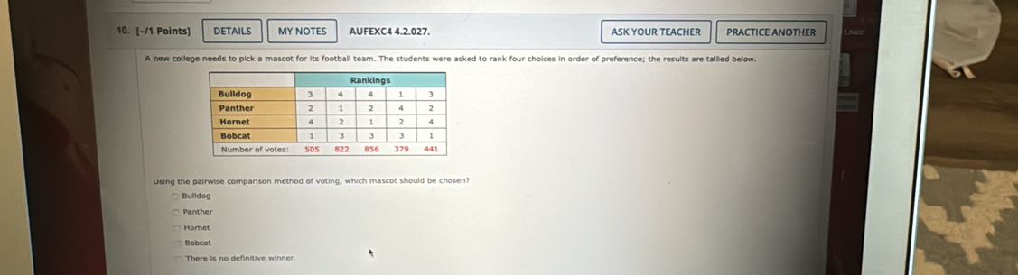 DETAILS MY NOTES AUFEXC4 4.2.027. ASK YOUR TEACHER PRACTICE ANOTHER
A new college needs to pick a mascot for its football team. The students were asked to rank four choices in order of preference; the resuits are tallied below.
Using the pairwise comparison method of voting, which mascot should be chosen?
Bulldog
Panther
Homet
Bobcat
There is no definitive winner.