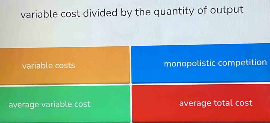 variable cost divided by the quantity of output
variable costs monopolistic competition
average variable cost average total cost