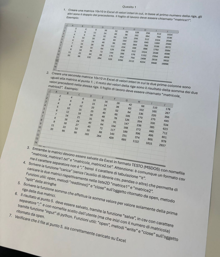 Quesito 1 
1. Creare una matrice 10x10 in Excel di valori interi in cui, in base al primo numero della riga, gli 
altri sono il doppio del precedente. Il foglio di lavoro deve essere chiamato “matrice1”. 
Esempio: 
trice 10x10 in Excel di valori interi in cui le due prime colonne sono 
uguali alla matrice al punto 1. ; il resto dei valori della riga so dei due 
matrice2'' 
valori precedenti nella stessa riga. 
rmato TESTO (MSDOS) con nomefile 
a_matrice2.txt”. Attenzione: è comunque un formato csv 
eparatore non è “;” bensì il carattere di tabulazione “t”, 
Scrivere la funzione “carica” (senza l’ausilio di librerie csv, pandas o altre) che permetta di 
caricare le due matrici rispettivamente nelle liste 2D'' 'matrice1” e “matrice2”. 
“split” delle stringhe 
Funzioni utili: open, metodi “readlines()” e “close” sull’oggetto ritornato da open, metodo 
riga delle due matrici. 
5. Scrivere la funzione somma che effettua la somma valore per valore solamente della prima 
6. Il risultato al punto 5. deve essere salvato, tramite la funzione “salva”, in csv con carattere 
ritornato da open. 
separatore “;” e con nomefile scelto dall’utente (ma che inizi con il numero di matricola 
tramite funzione “input” di python. Funzioni utili: “open”, metodi “write” e “close” sull’oggette 
7. Verificare che il file al punto 5. sia correttamente caricato su Exce