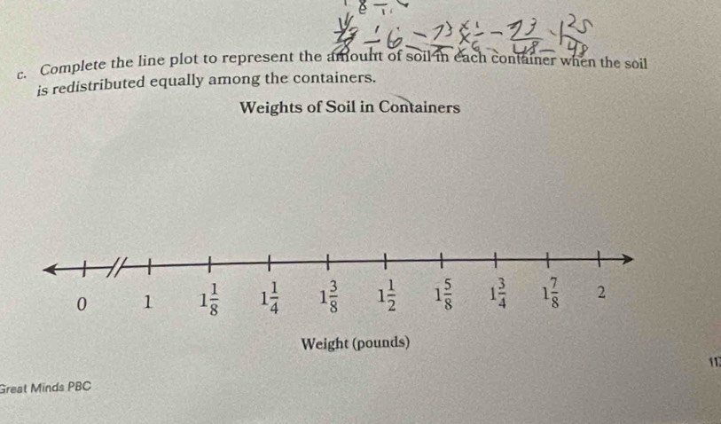 Complete the line plot to represent the amount of soil in each container when the soil
is redistributed equally among the containers.
Weights of Soil in Containers
117
Great Minds PBC