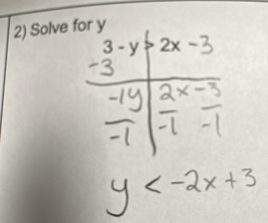 Solve for y
3-y>2x