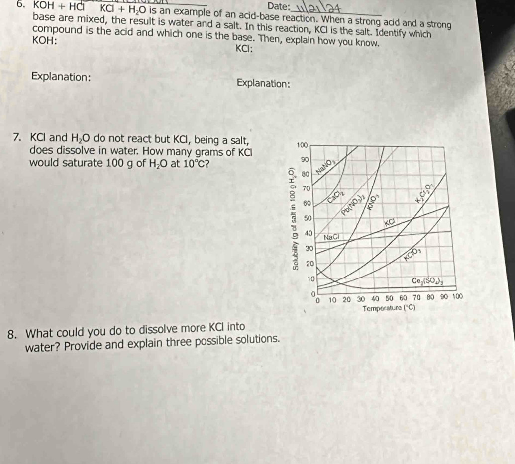 Date: 
6. KOH + HCl KCl+H_2O _ is an example of an acid-base reaction. When a strong acid and a strong 
base are mixed, the result is water and a salt. In this reaction, KCl is the salt. Identify which 
compound is the acid and which one is the base. Then, explain how you know. 
KOH:
KCl : 
Explanation: Explanation: 
7. KCl and H_2O do not react but KCI, being a salt, 100
does dissolve in water. How many grams of KCI
90
would saturate 100 g of H_2O at 10°C ? NaNO_3
80
70 CaCl_2 Pb(NO_3)_2  0/5 
C:0
60
t
50
KCI
40 NaCl
30
20
KClO_3
10
Ce_2(SO_4)_3
10 20 30 40 50 60 70 80 90 100
Temperature (^circ C)
8. What could you do to dissolve more KCl into 
water? Provide and explain three possible solutions.