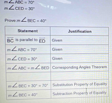 m∠ ABC=70°
m∠ CED=30°
Prove m∠ BEC=40°