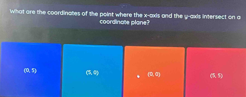 What are the coordinates of the point where the x-axis and the y-axis intersect on a
coordinate plane?
(0,5)
(5,0)
(0,0)
(5,5)