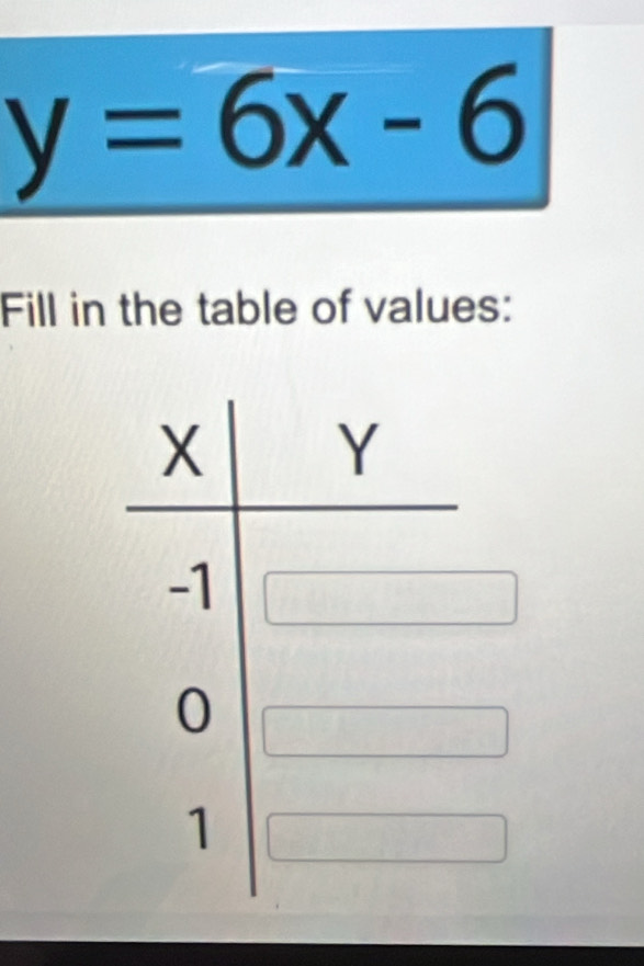 y=6x-6
Fill in the table of values: