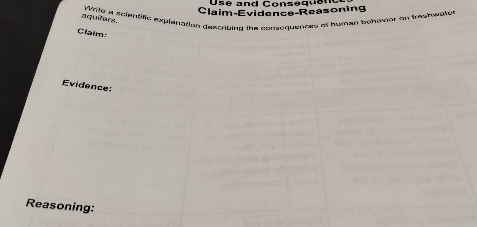 Use and Consequenc 
Claim-Evidence-Reasoning 
Write a scientific explanation describing the consequences of human behavior on freshwater 
aquifers. 
Claim: 
Evidence: 
Reasoning: