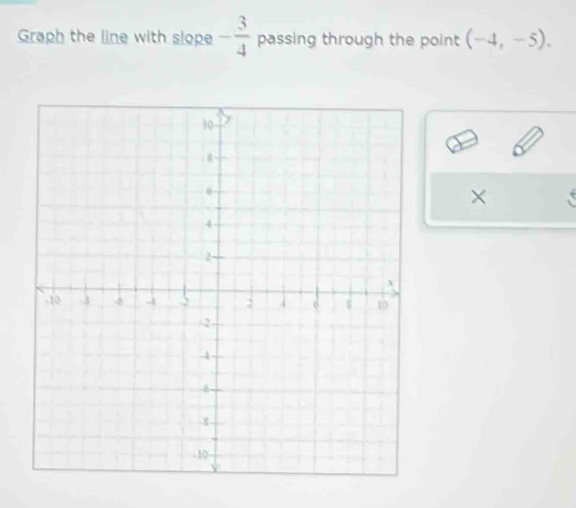 Graph the line with slope - 3/4  passing through the point (-4,-5). 
×