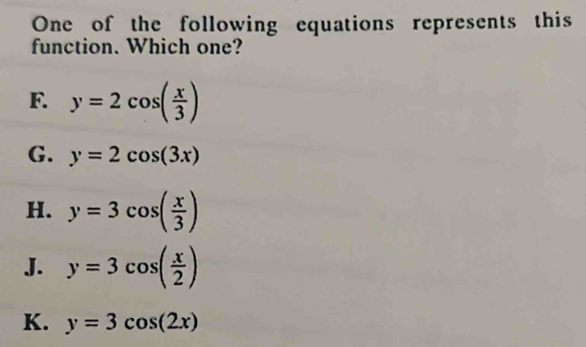 One of the following equations represents this
function. Which one?
F. y=2cos ( x/3 )
G. y=2cos (3x)
H. y=3cos ( x/3 )
J. y=3cos ( x/2 )
K. y=3cos (2x)