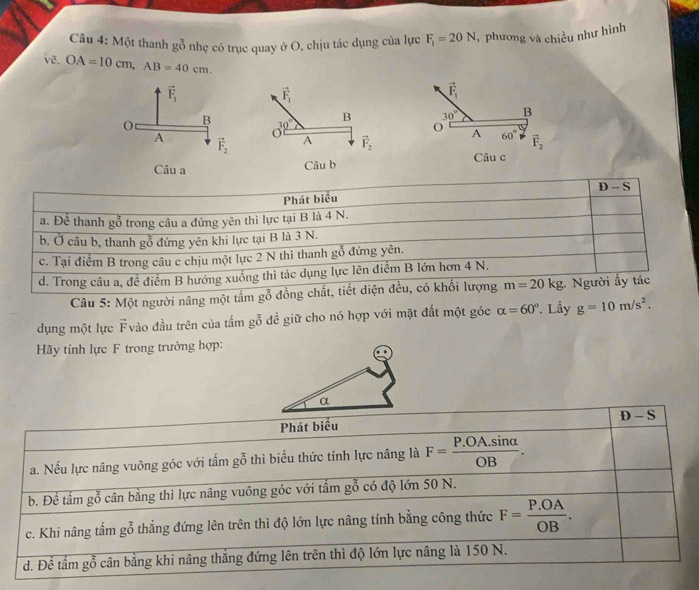 Một thanh goverline 0 - nhẹ có trục quay ở O, chịu tác dụng của lực F_1=20N , phương và chiều như hình
vẽ. OA=10cm,AB=40cm.
vector F_1
vector F_1
B
30° B
O
A vector F_2 A 60° vector F_2
Câu c
Câu a
Phát biểu D - S
a. Để thanh gỗ trong câu a đứng yên thì lực tại B là 4 N.
b. Ở câu b, thanh gỗ đứng yên khi lực tại B là 3 N.
c. Tại điểm B trong câu c chịu một lực 2 N thì thanh gỗ đứng yên.
d. Trong câu a, đề điểm B hướng xuống thì tác dụng lực lên điểm B lớn hơn 4 N.
Câu 5: Một người nâng một tầm gỗ đồng chất, tiết diện đều, có khối lượng m=20kg :. Người ấy tác
dụng một lực Fvào đầu trên của tấm gỗ để giữ cho nó hợp với mặt đất một góc alpha =60° Lấy g=10m/s^2.
Hãy tính lực F trong trường hợp: