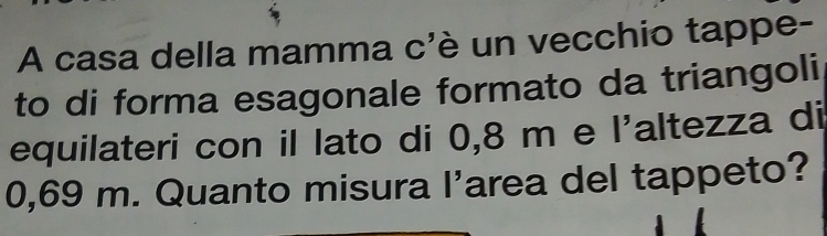 A casa della mamma c'è un vecchio tappe- 
to di forma esagonale formato da triangoli 
equilateri con il lato di 0,8 m e l'altezza di
0,69 m. Quanto misura l'area del tappeto?