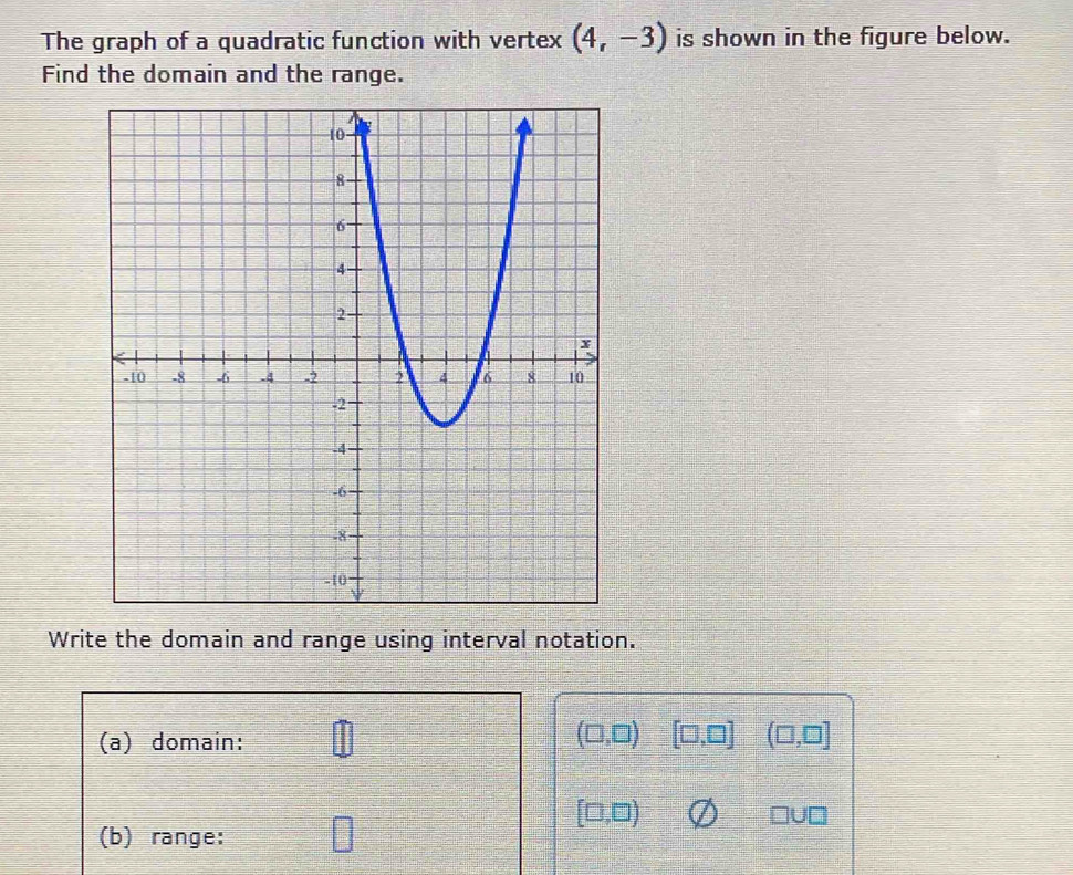 The graph of a quadratic function with vertex (4,-3) is shown in the figure below. 
Find the domain and the range. 
Write the domain and range using interval notation. 
(a) domain: □ (□ ,□ ) [□ ,□ ] (□ ,□ ]
[□ ,□ )
□ U□
(b) range: □