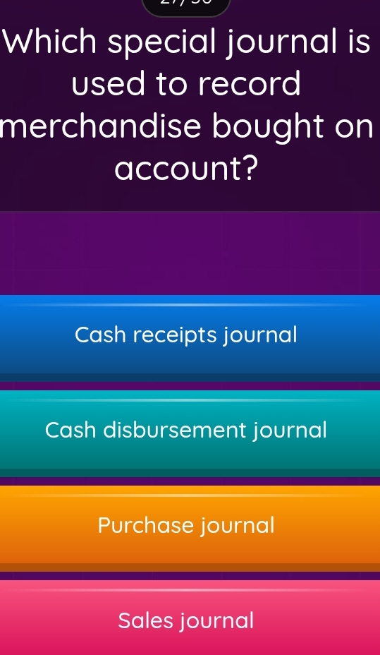 Which special journal is
used to record
merchandise bought on
account?
Cash receipts journal
Cash disbursement journal
Purchase journal
Sales journal