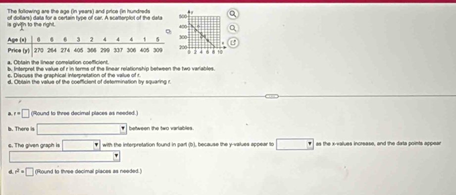The following are the age (in years) and price (in hundreds y 
of dollars) data for a certain type of car. A scatterplot of the data 500
is givin to the right. 400
B
2 4 6 8 10
a. Obtain the linear correlation coefficient. 
b. Interpret the value of r in terms of the linear relationship between the two variables. 
c. Discuss the graphical interpretation of the value of r
d. Obtain the value of the coefficient of determination by squaring r. 
a r=□ (Round to three decimal places as needed.) 
b. There is □ □° between the two variables. 
c. The given graph is □  with the interpretation found in part (b), because the y -values appear to as the x -values increase, and the data points appear 
d. r^2=□ (Round to three decimal places as needed.)