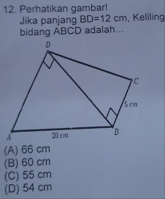 Perhatikan gambar!
Jika panjang BD=12cm , Keliling
bidang ABCD adalah...
(A) 66 cm
(B) 60 cm
(C) 55 cm
(D) 54 cm