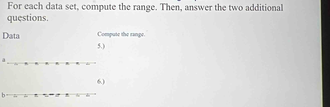 For each data set, compute the range. Then, answer the two additional 
questions. 
Data Compute the range. 
5.) 
a 
6.) 
b