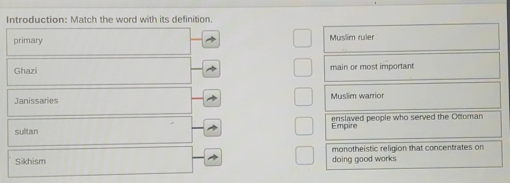 Introduction: Match the word with its definition.
primary Muslim ruler
Ghazi
main or most important
Muslim warrior
Janissaries
enslaved people who served the Ottoman
sultan
Empire
monotheistic religion that concentrates on
Sikhism doing good works